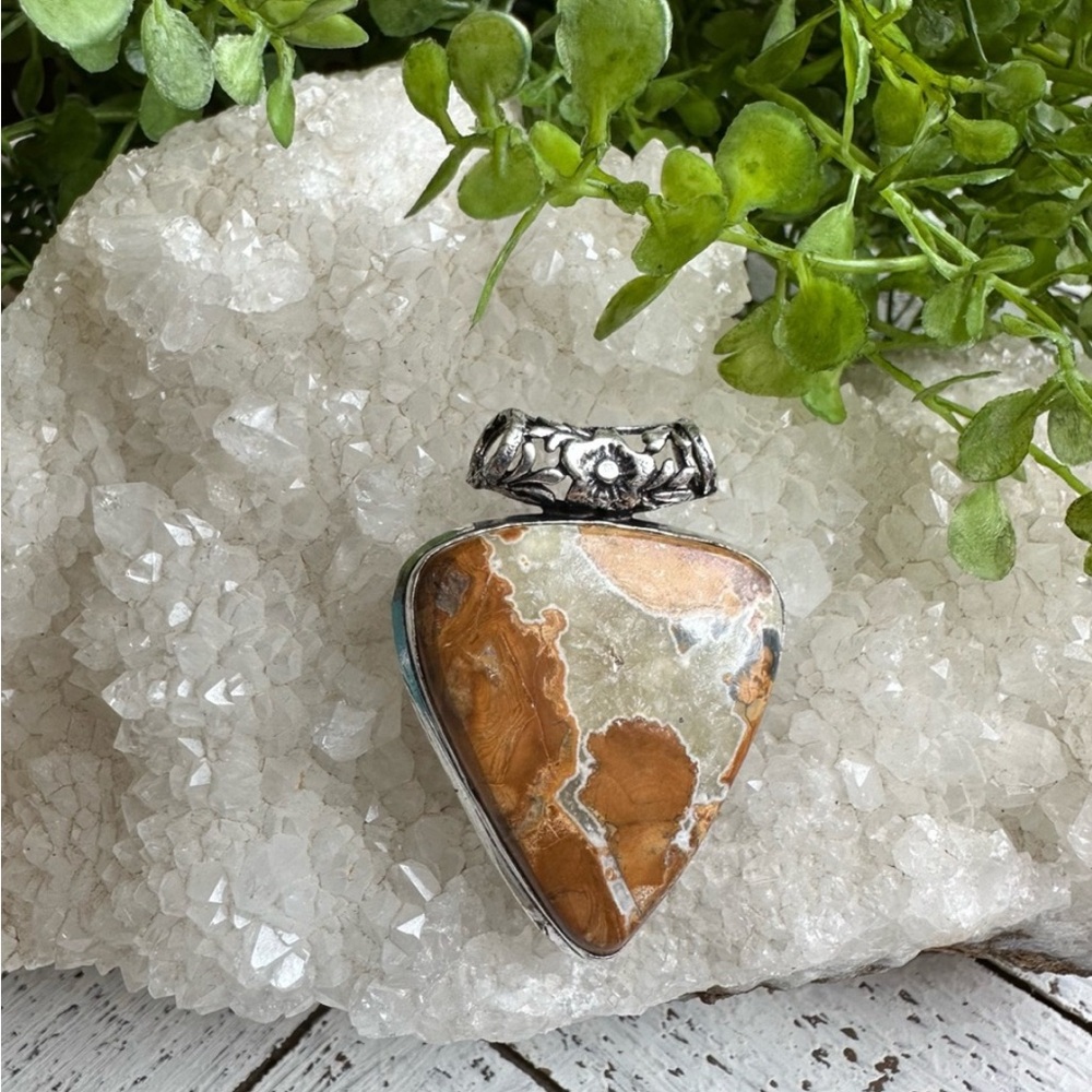 Maligano Jasper Sterling Silver 925 Plated Pendant Orange Red Gray Quartz
